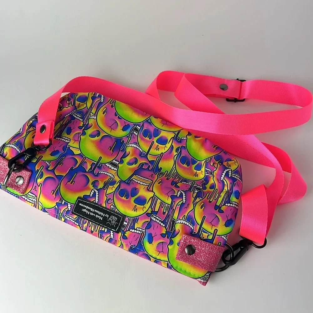 Skull Neon Pink Glitter Drippy Psychedelic Crossbody Bag with Strap - Picture 11 of 12